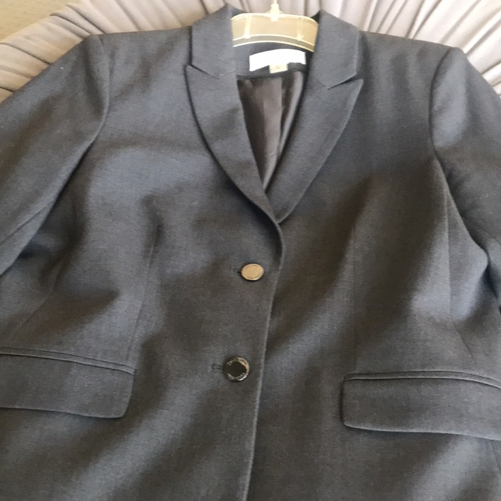 Calvin Klein dark gray cropped blazer with silver buttons, pocket flaps size 10